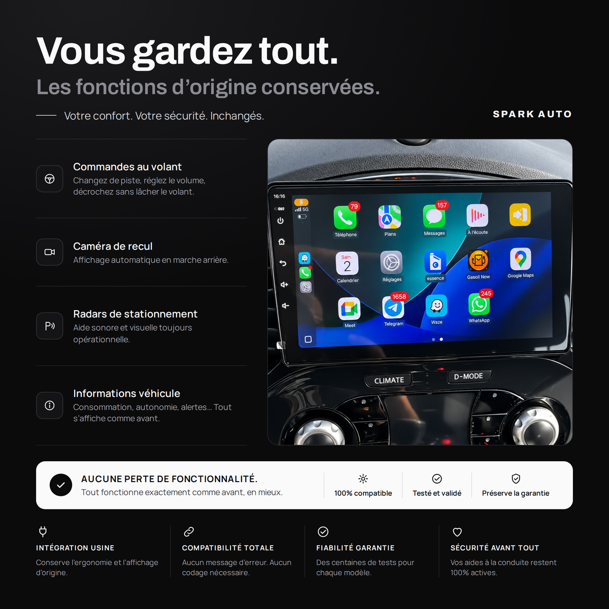 Fonctions d'origine conservées avec l'écran CarPlay Mercedes GLC X253